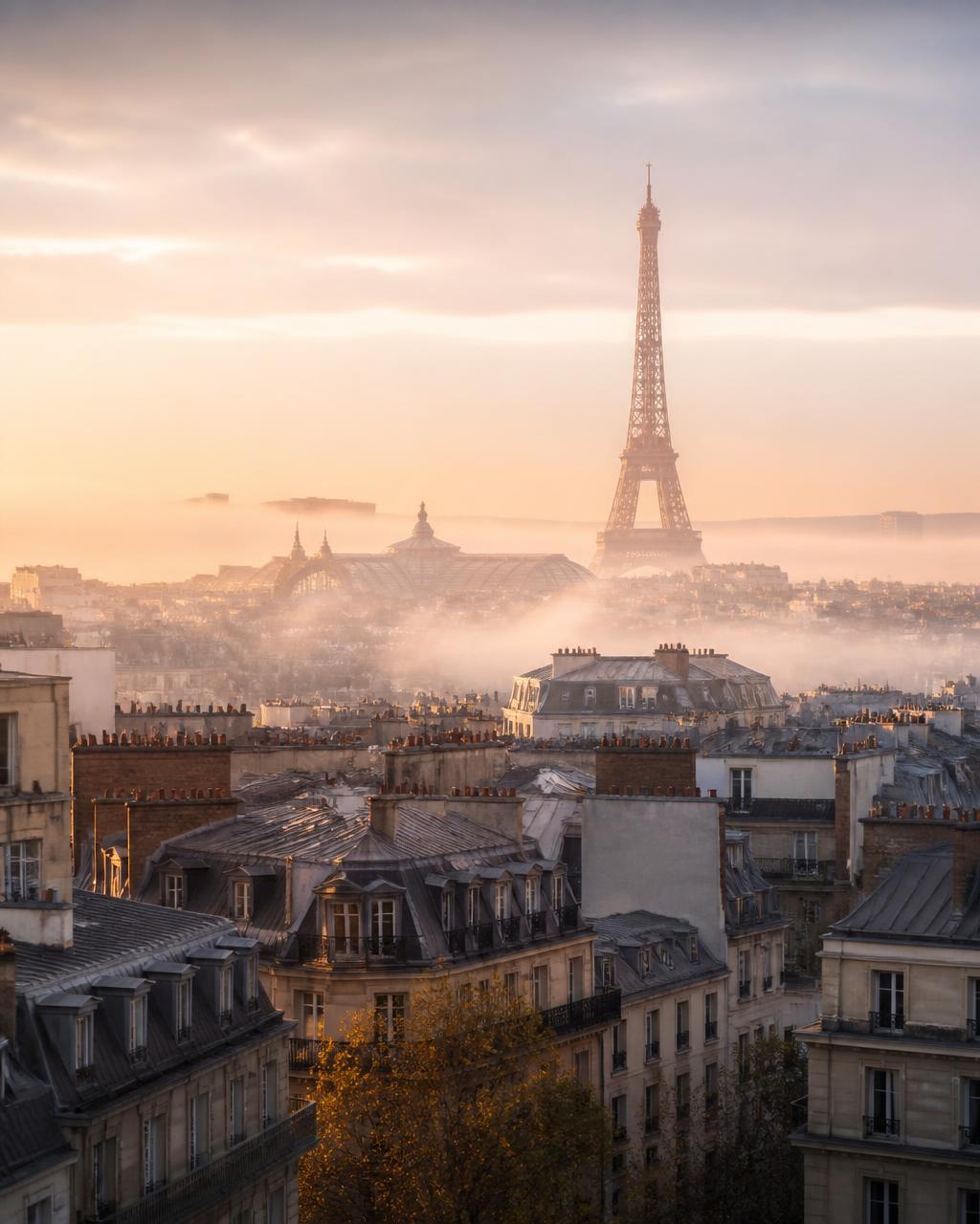 Soft morning light over Paris rooftops